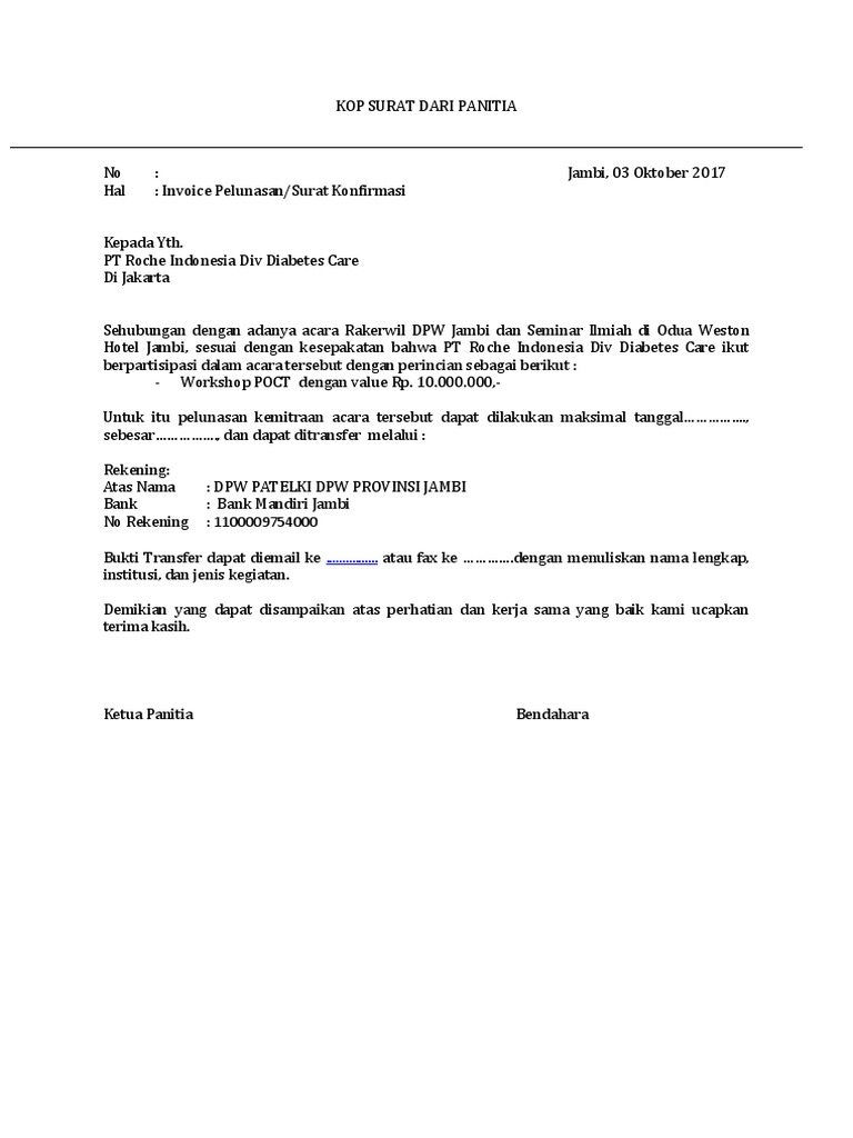Confirmation Letter Invoice Contoh
