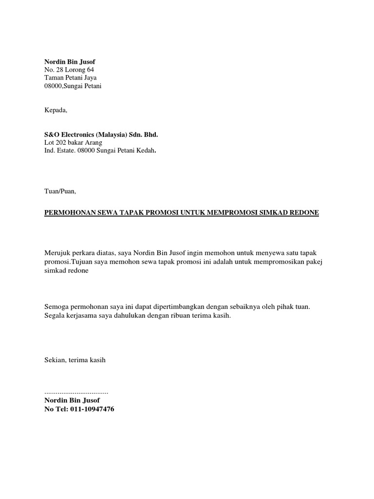 Contoh Surat Permohonan Sewa Tapak Gerai Pdf