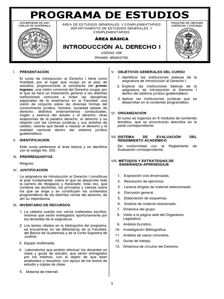 Pensum de Estudios Derecho USAC PDF Institución Guatemala