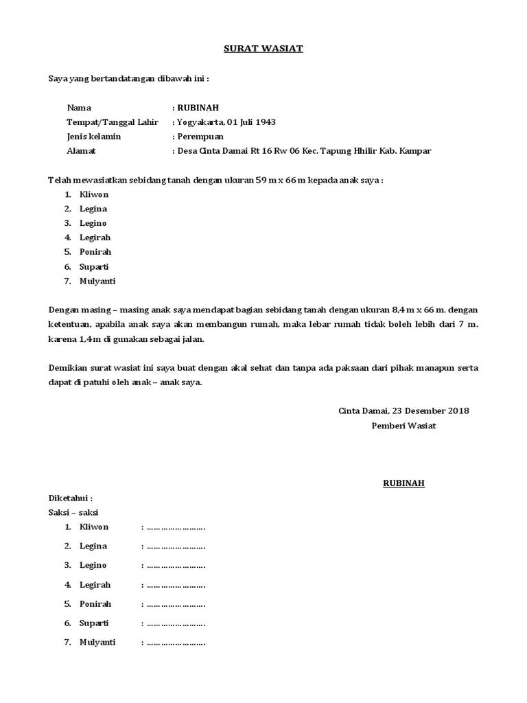 Contoh Surat Wasiat Pdf