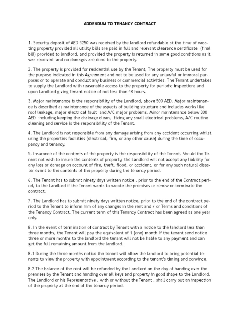 ADDENDUM TO TENANCY CONTRACT Final WORD PDF PDF Leasehold Estate