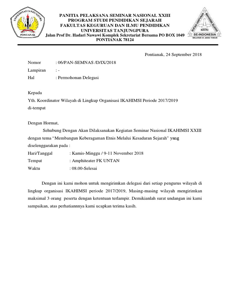 Contoh Surat Permohonan Delegasi Peserta Mosaicone