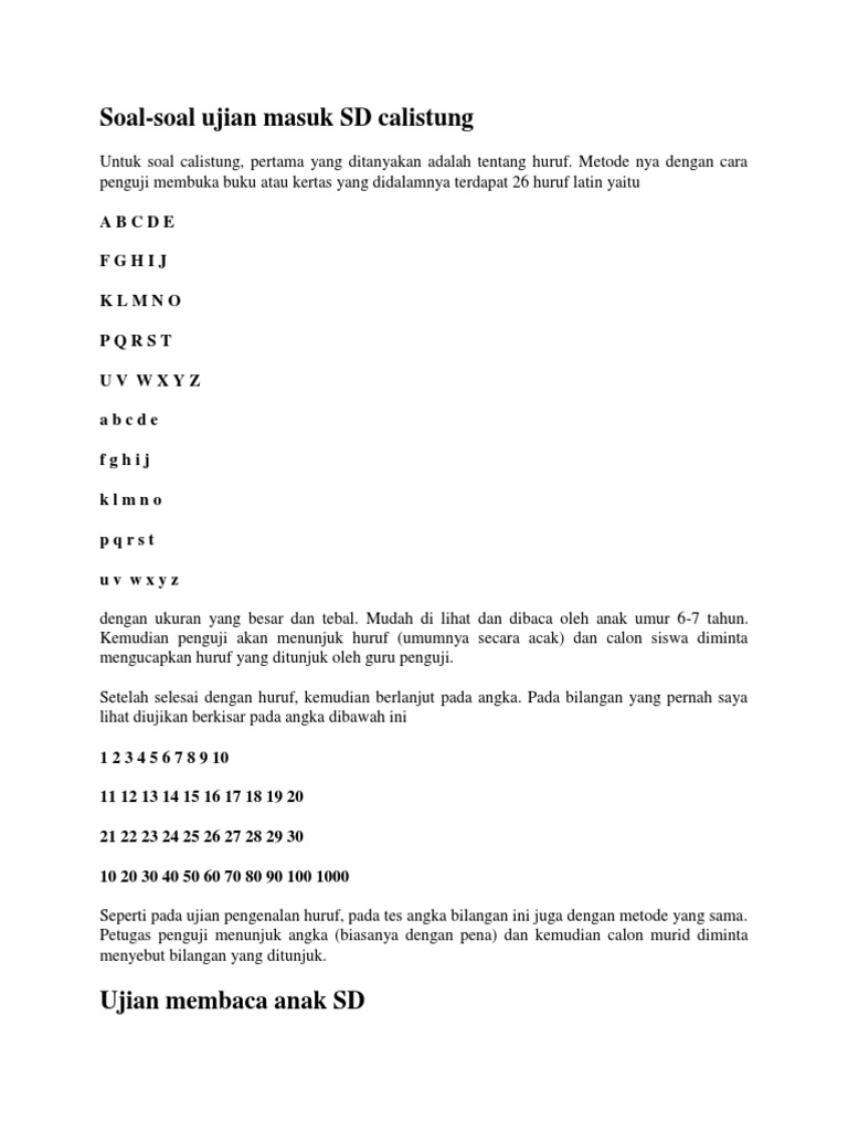 Contoh Soal Tes Calistung Masuk Sd Ilmusosial Id