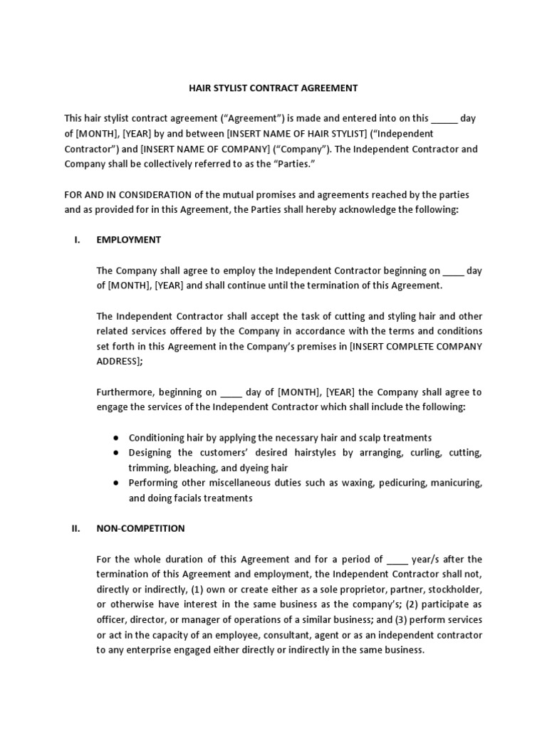 Hair Stylist Contract Template Breach Of Contract Independent Contractor