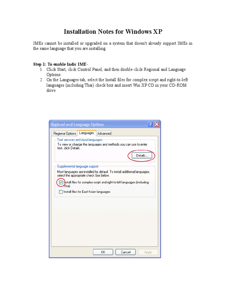Installation Notes For Windows XP: Step 1: To Enable Indic IME ...
