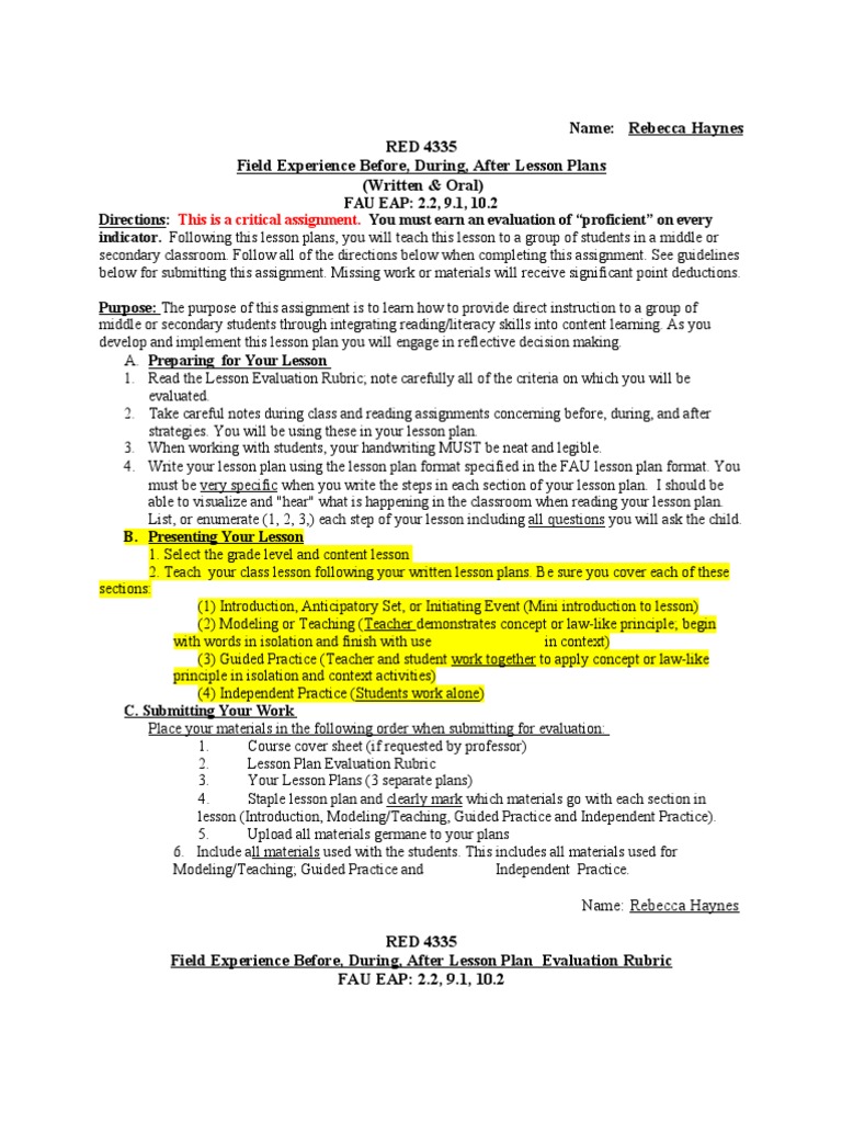 Field Experience Lesson Plan Guide | PDF | Lesson Plan | Rubric (Academic)