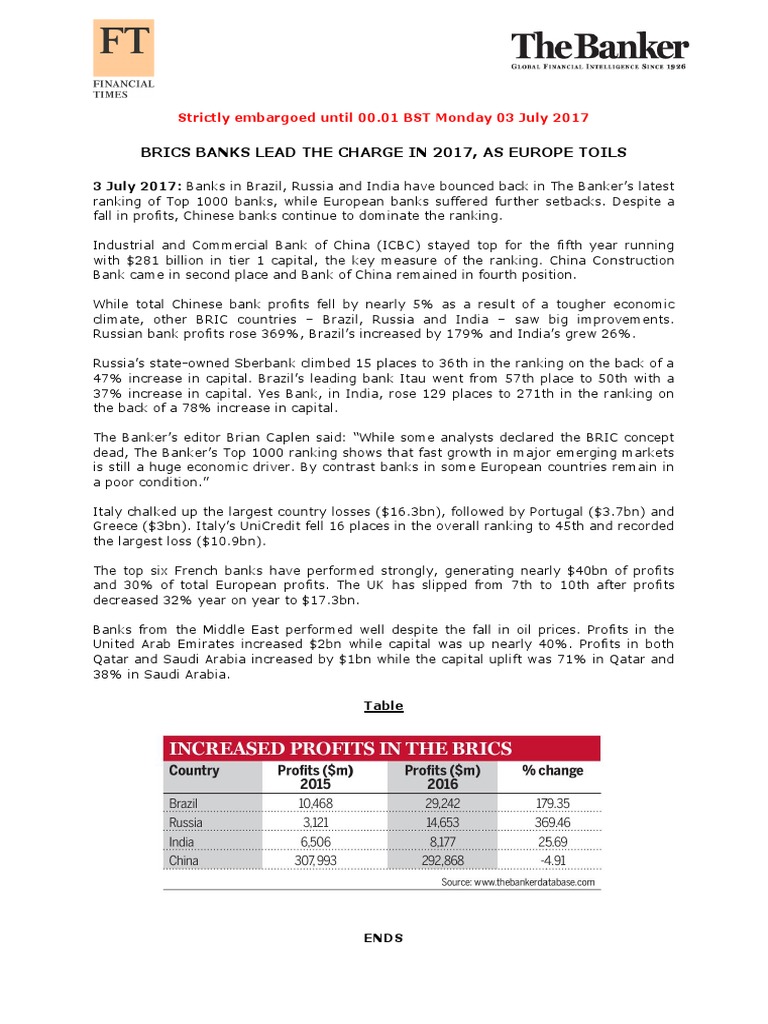 Top 1000 World Banks 2017 International Press Release Financial