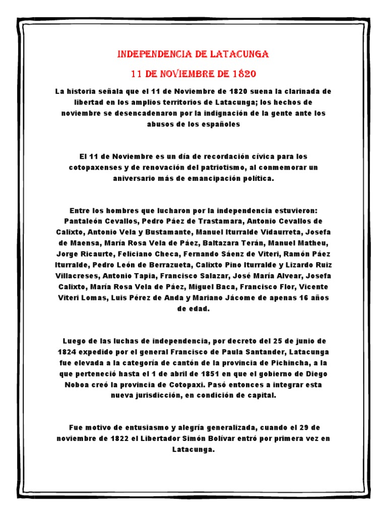 Independencia De Latacunga 11 De Noviembre De 1820