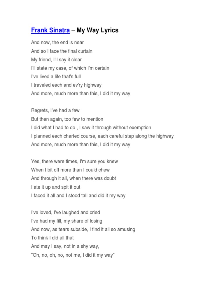Frank Sinatra My Way Lyrics PDF