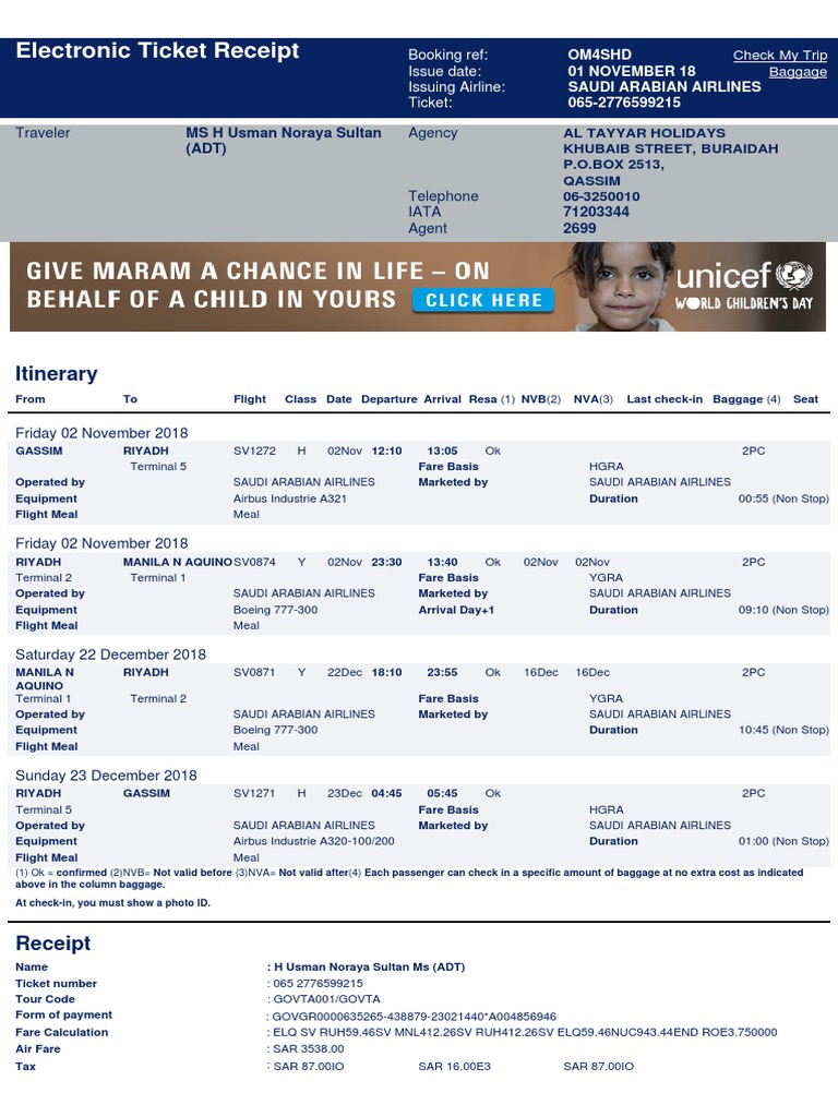 Saudi Airlines Electronic Ticket Receipt | PDF | Airlines | Aviation
