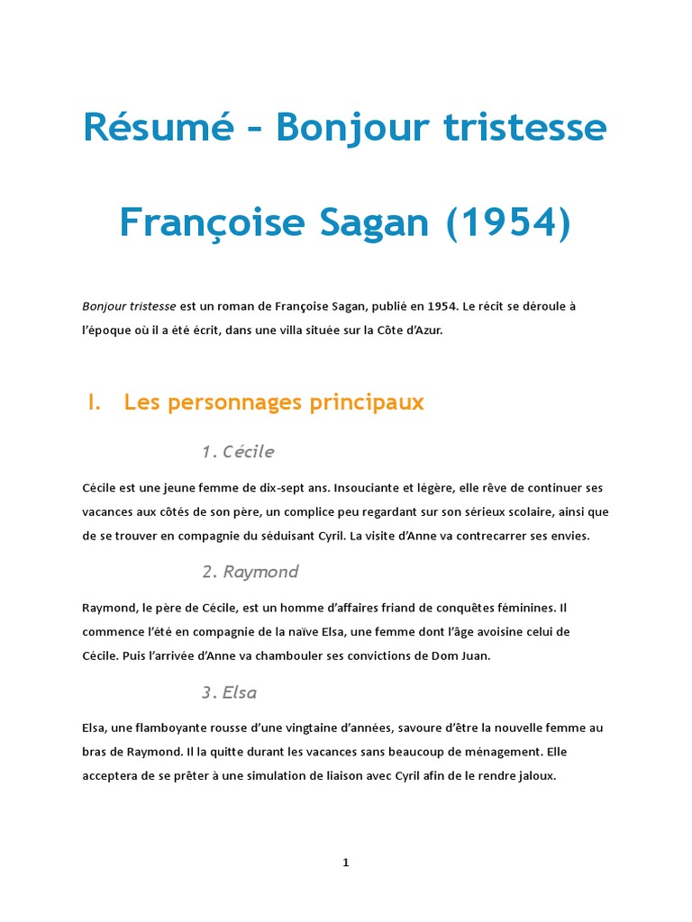 Resume Bonjour Tristesse PDF Romans