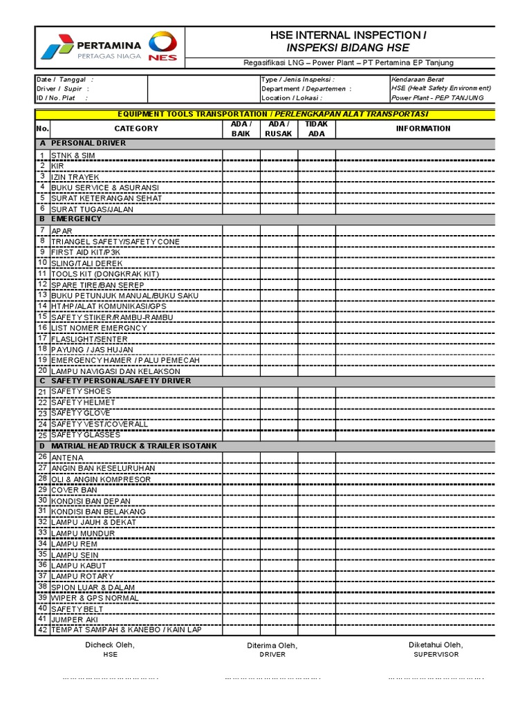 Form Inspeksi Kendaraan Berat HSE | PDF