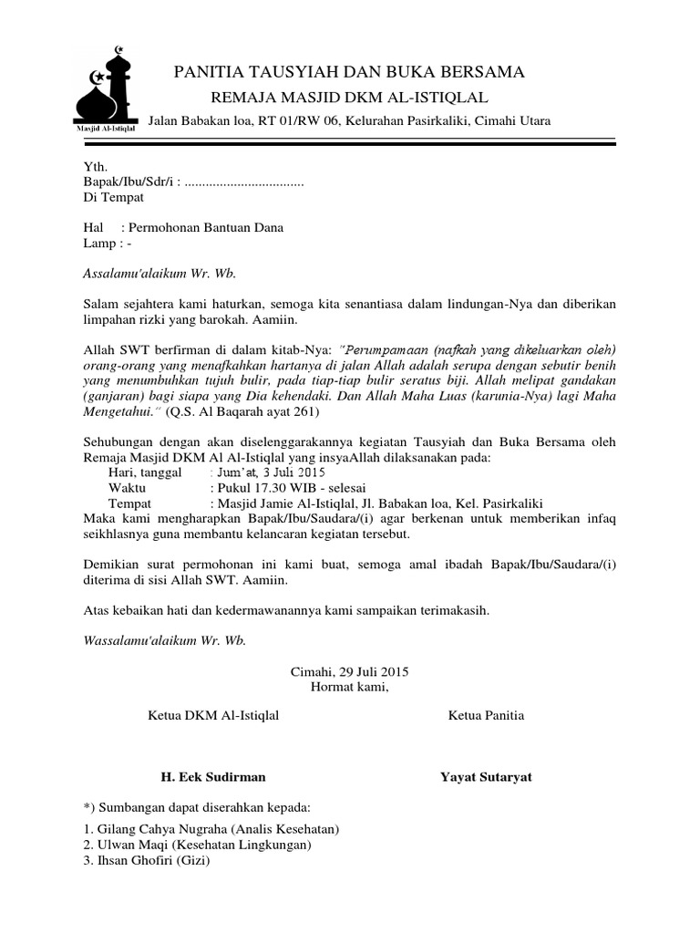 Contoh Surat Permohonan Bantuan Dana Al Istiqlal