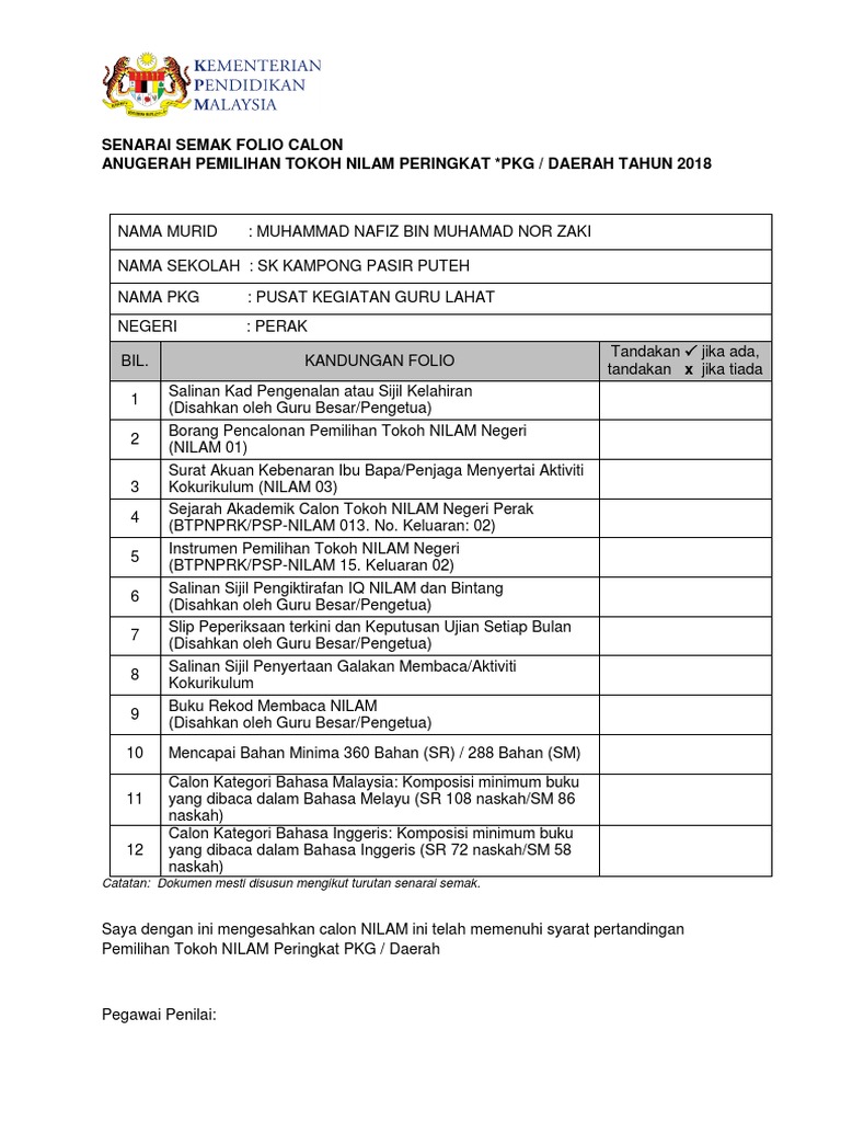 Senarai Semak Folio Pemilihan Tokoh Nilam Tahun 2018 Pdf