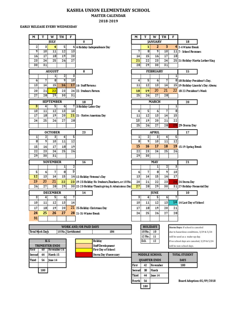 20182019 Kashia Master Calendar PDF Behavior Modification Schools