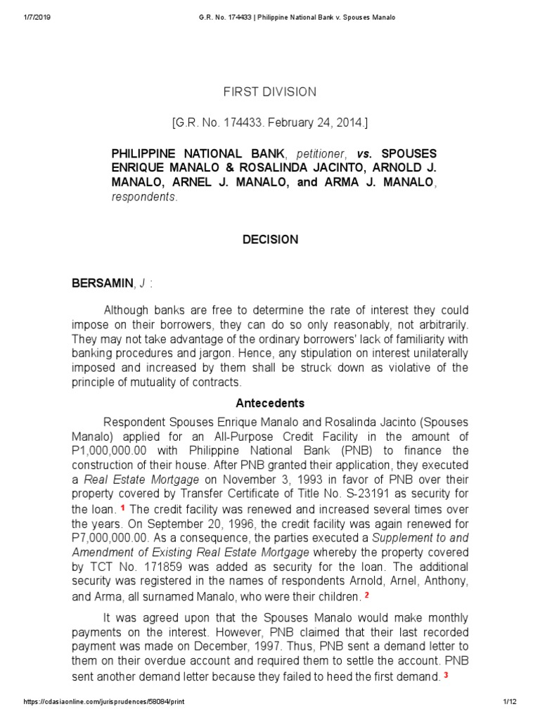 PNB v. Spouses Manalo: Foreclosure Case | PDF | Pleading | Foreclosure