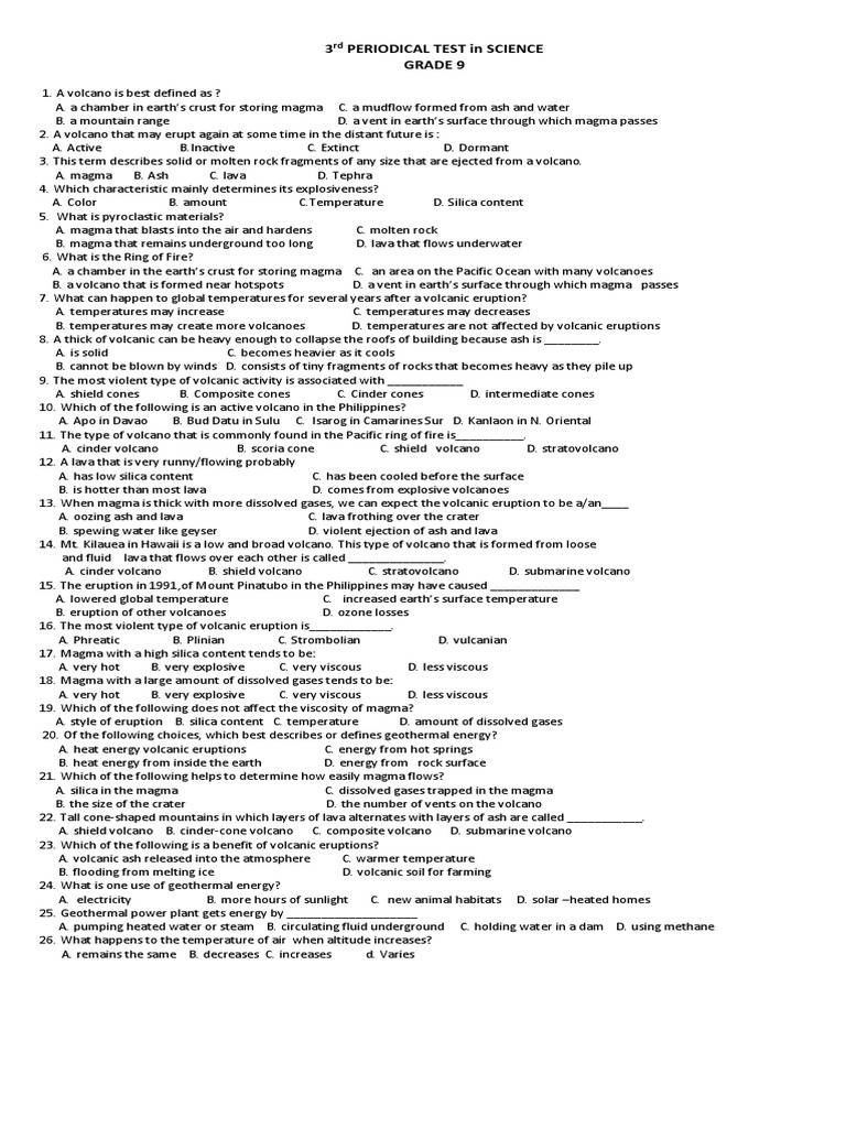 Grade 9 Science 3rd Quarter Exam | PDF | Volcano | Lava