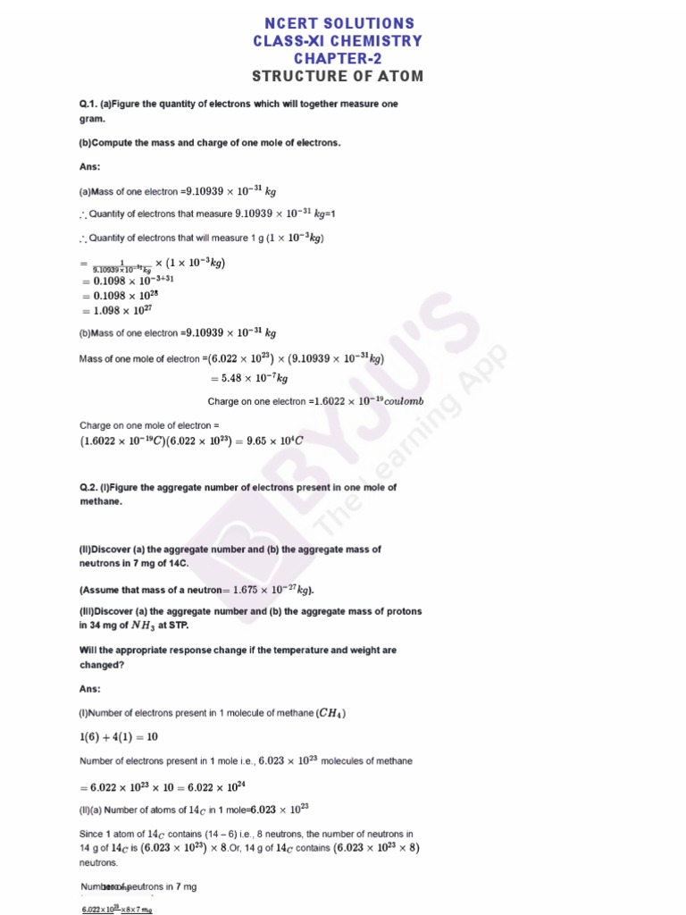 Ncert Solutions Class 11 Chemistry Chapter 2 Structure of Atoms PDF ...
