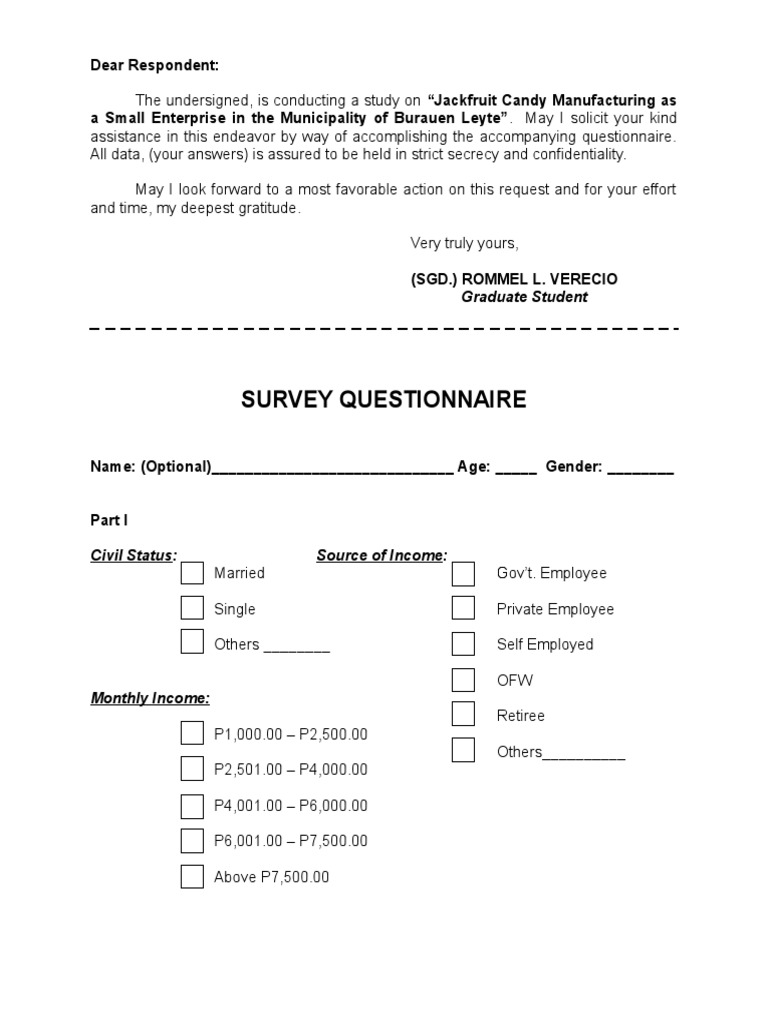 Survey Questionnaire: Civil Status: Source of Income | PDF
