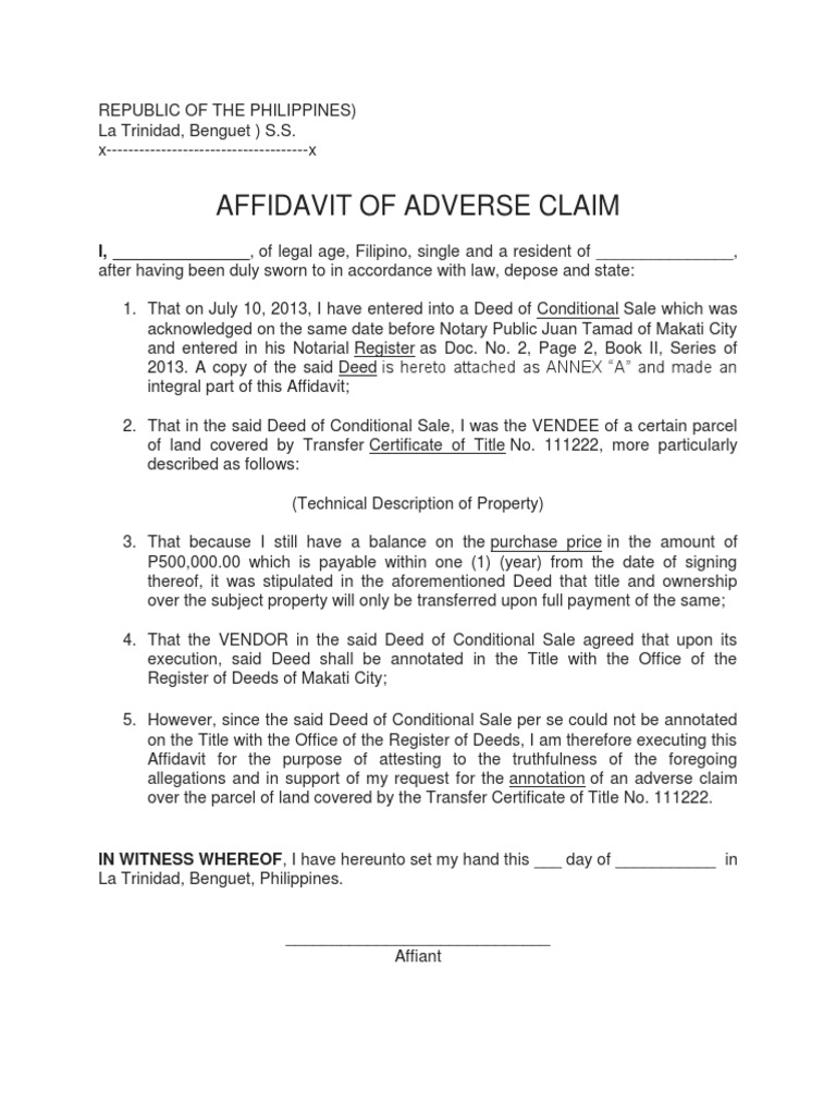 Affidavit of Adverse Claim Template | PDF