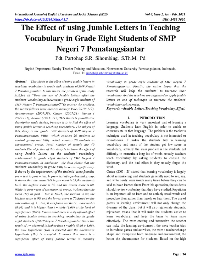 The Effect of Using Jumble Letters in Teaching Vocabulary in Grade ...