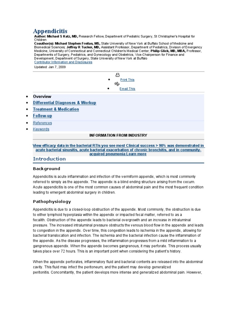 Appendicitis Differential Diagnoses & Workup Treatment & Medication