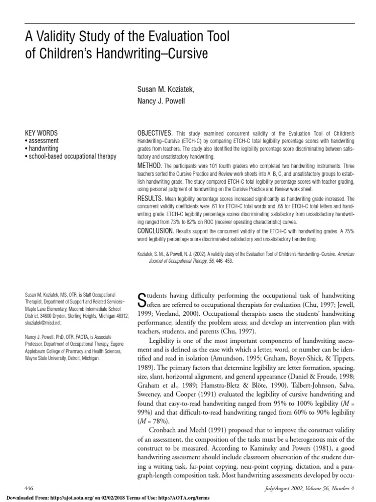 A Validity Study of The Evaluation Tool of Children's Handwriting