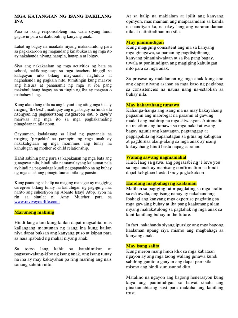 Mga Katangian Ng Isang Dakilang Ina Pdf