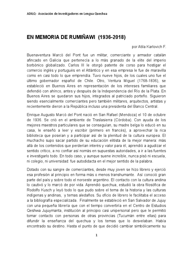 Rumiñawi in Memoriam (1936-2018) | PDF | Buenos Aires | Lengua española