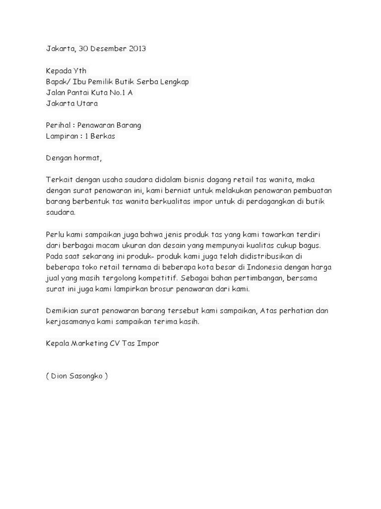 Contoh Surat Penawaran Produk Tas