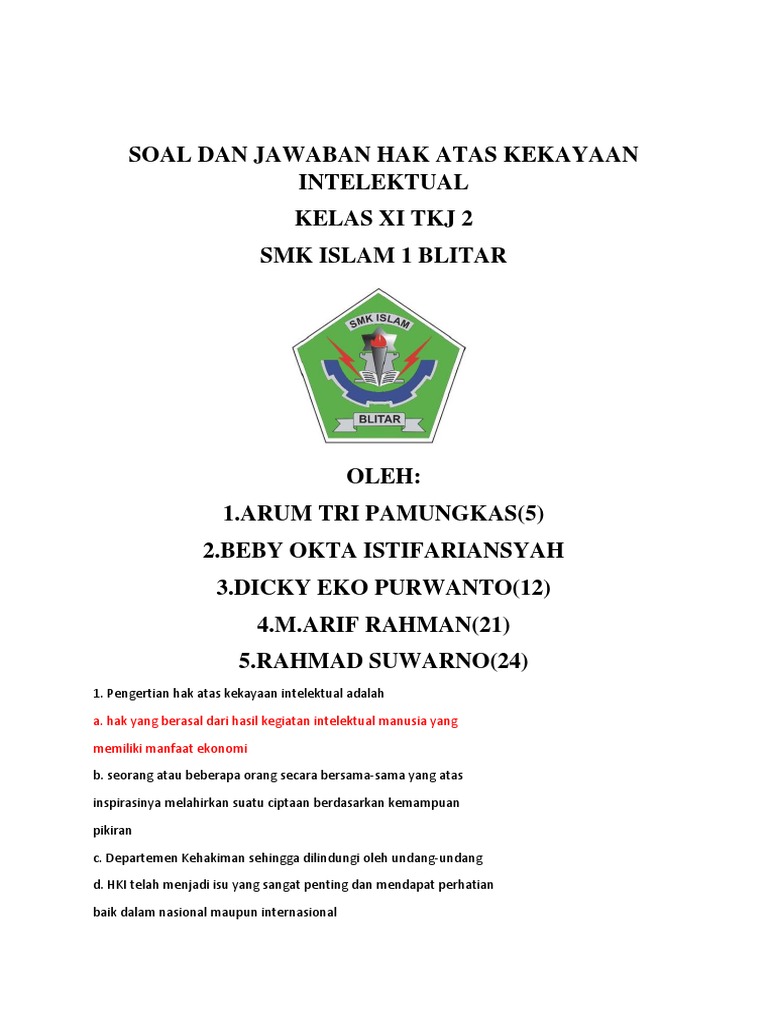 Soal Dan Jawaban Hak Atas Kekayaan Intelektual Bab 3