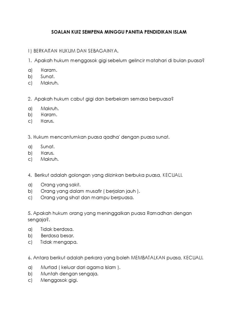 Soalan Kuiz Sempena Minggu Panitia Pendidikan Islam