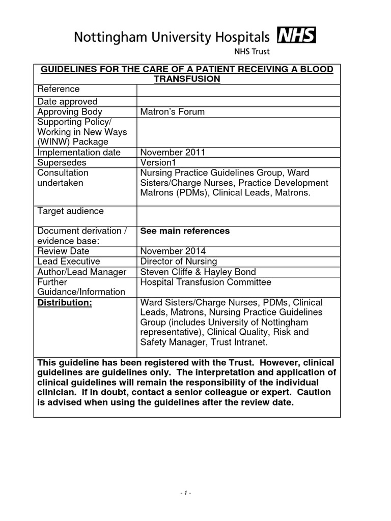 Blood Transfusion Guidelines PDF | PDF | Intravenous Therapy | Blood ...
