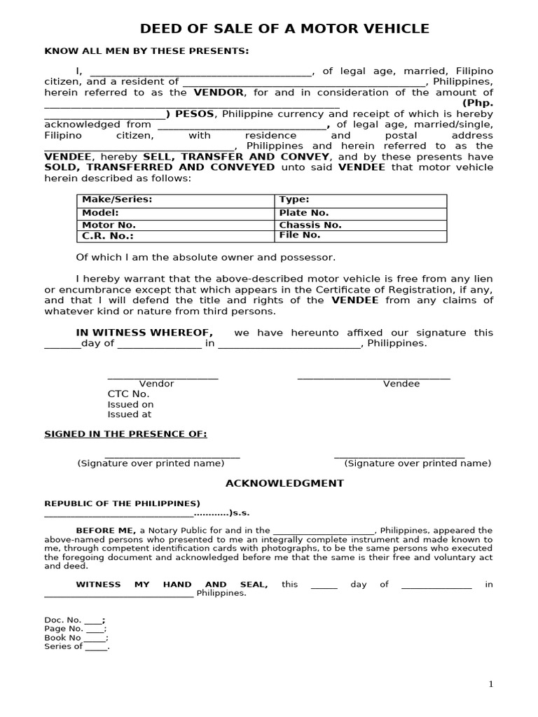 Open Deed of Sale of A Motor Vehicle | PDF | Written Communication |  Document