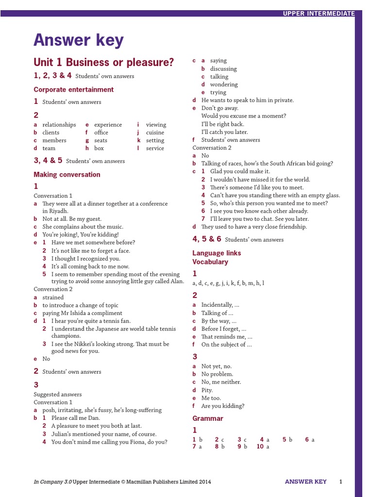 In Company 3 0 Upper Intermediate Student S Book Answer Key Question Body Language