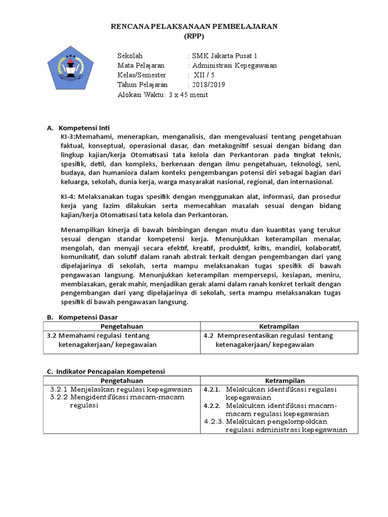 Rpp Administrasi Kepegawaian Kelas Xii Semester 1 Revisi Sekolah