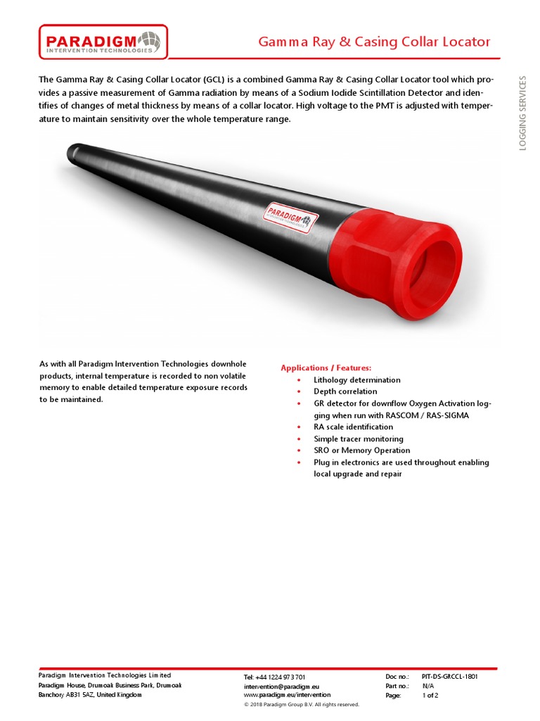 PIT Datasheet Gamma Ray Casing Collar Locator Applied And