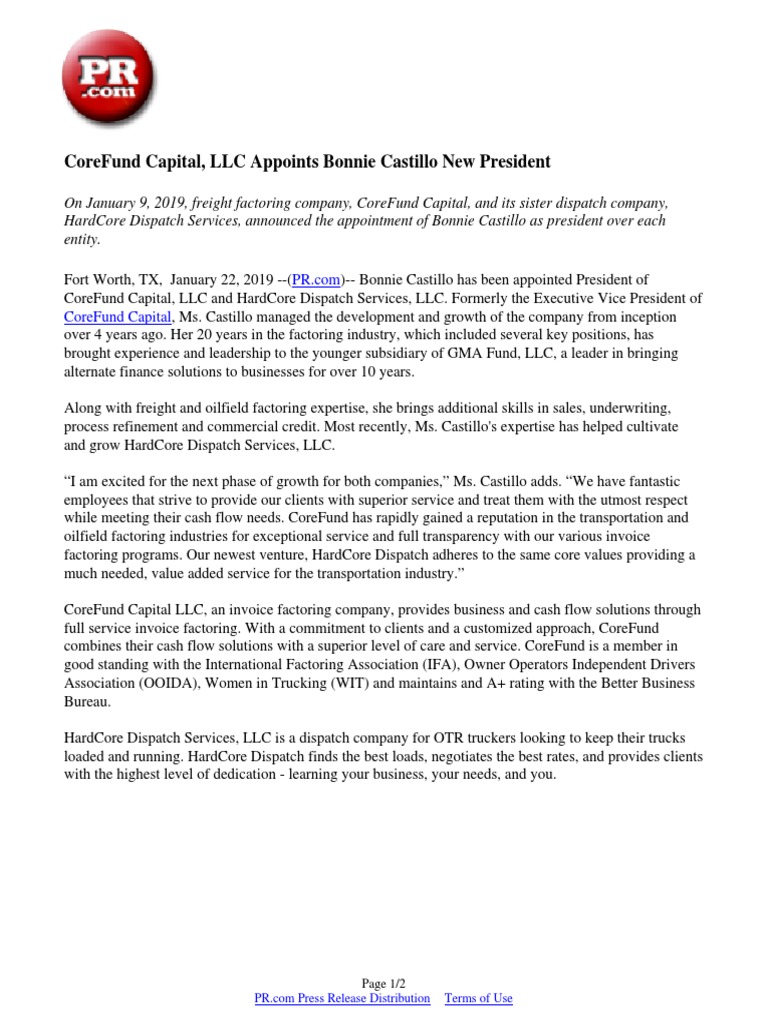 Corefund Capital Llc Appoints Bonnie Castillo New President Factoring Finance Truck Driver