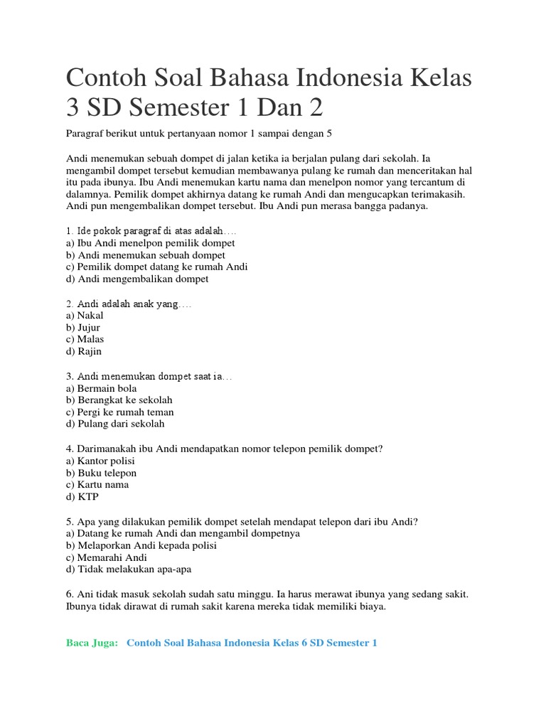 Soal Bahasa Indonesia Kelas 3 SD Semester 1 | PDF