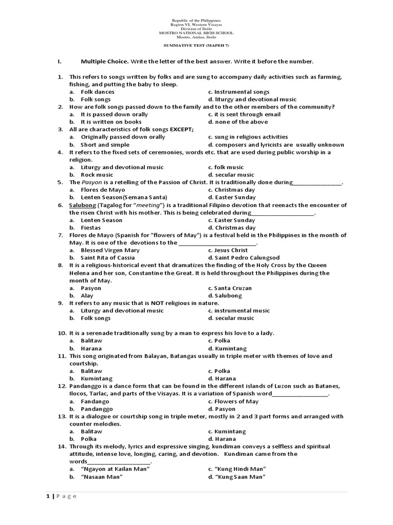 Grade 7 MAPEH Summative Test Musical Instruments Songs