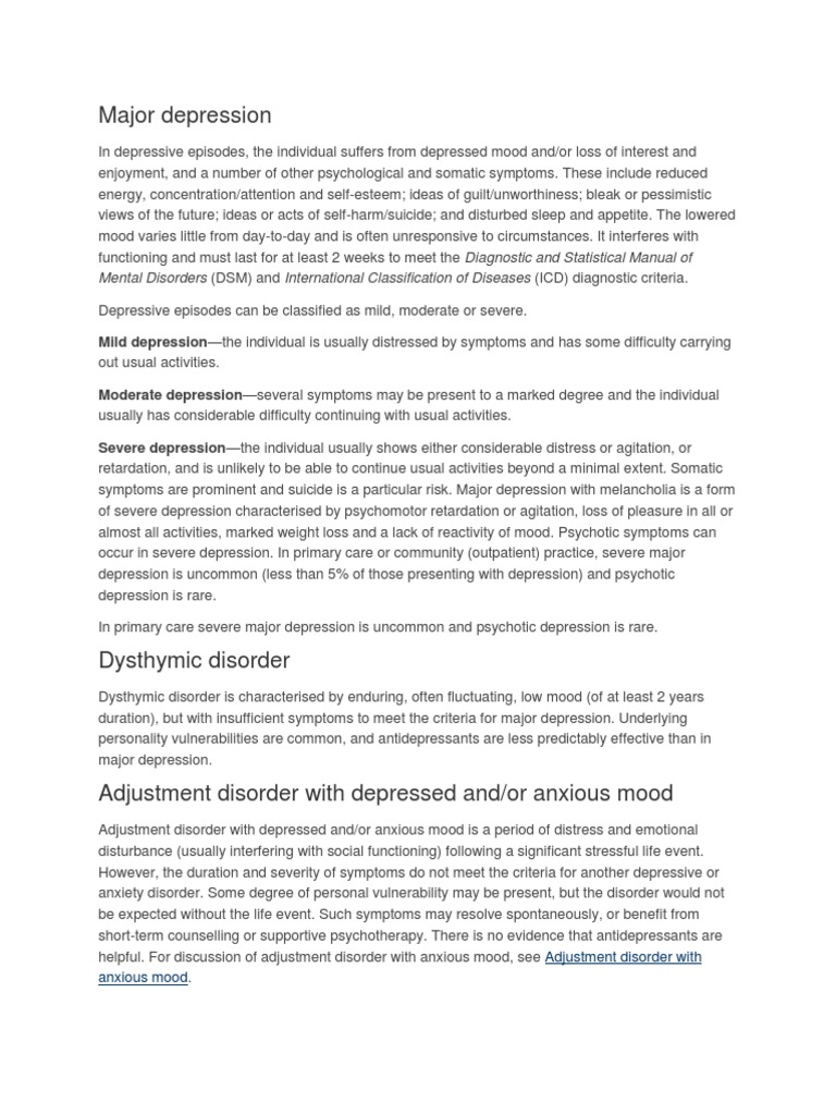 Major Depression Mental Disorders (DSM) and International Classification of Diseases (ICD