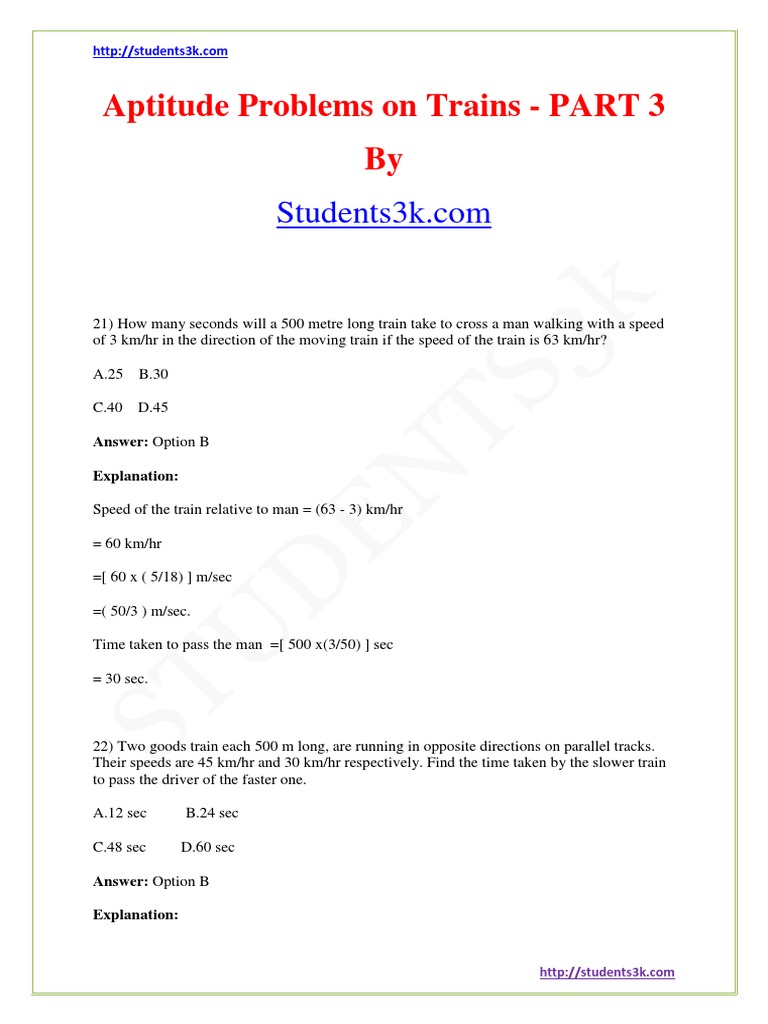 Aptitude Problems On Trains PDF | PDF | Speed | Metre
