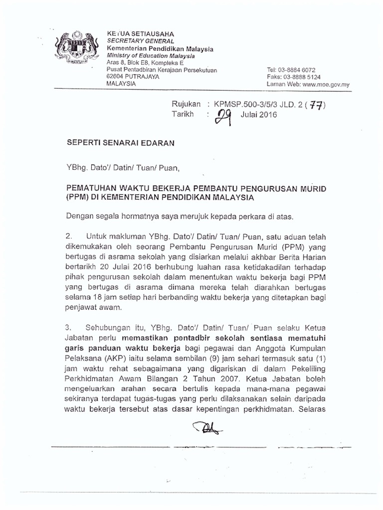 Pematuhan Waktu Bekerja Jawatan Pembantu Pengurusan Murid Pdf
