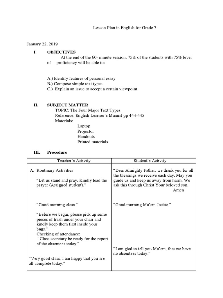 Grade 7 English Lesson Plan: Text Types | PDF | Narration | Essays