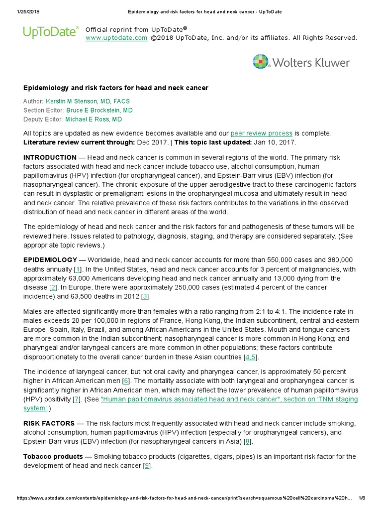 Epidemiology and Risk Factors For Head and Neck Cancer - UpToDate | PDF ...