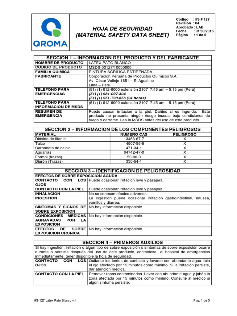 Msds Pintura Latex PDF Primeros auxilios Agua