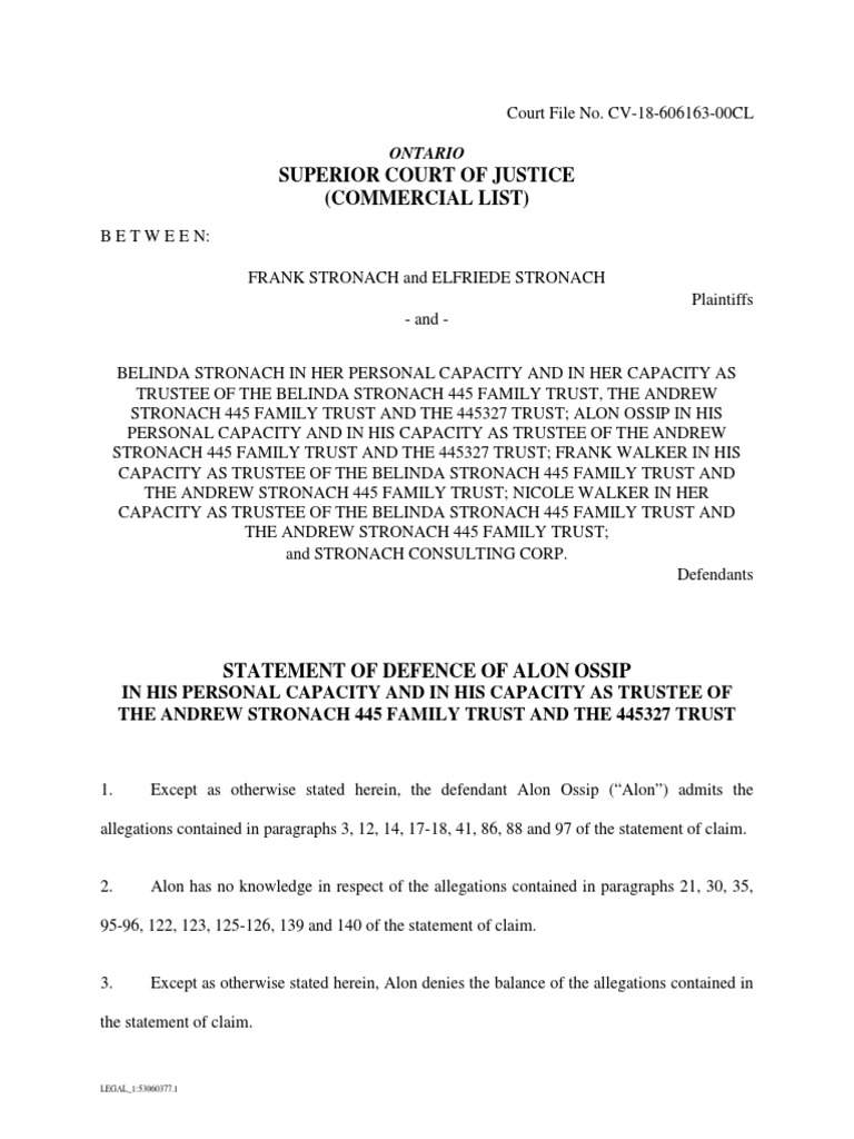 Alon Ossip's Defense in Stronach Dispute | PDF | Trust Law | Fiduciary