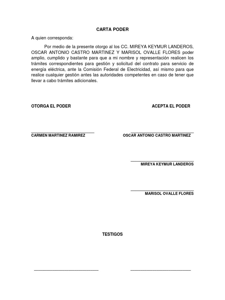 Carta Poder Cfe Energia Y Recursos Naturaleza