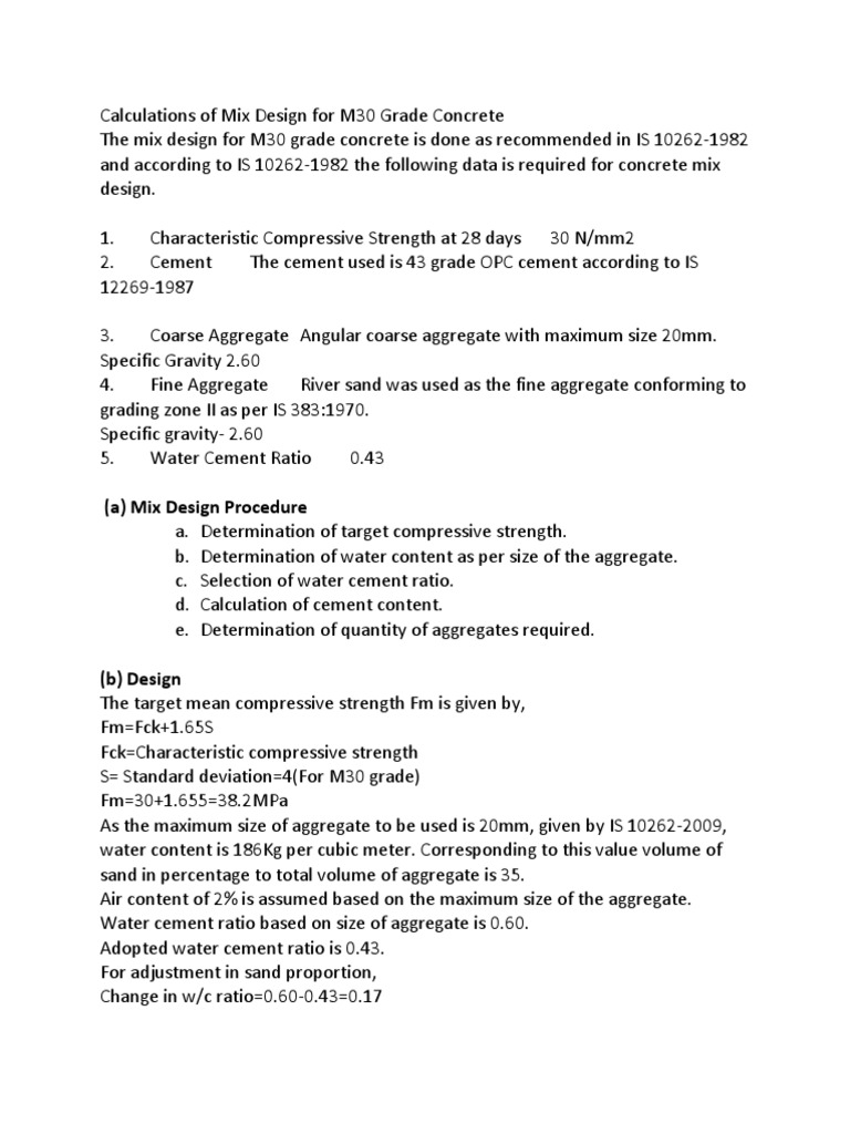 Calculations of Mix Design For M30 Grade Concrete PDF Construction