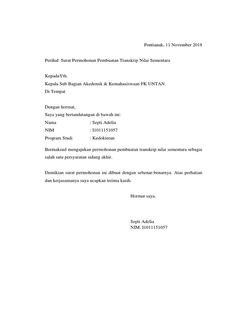 Surat Permohonan Transkrip Nilai Pdf